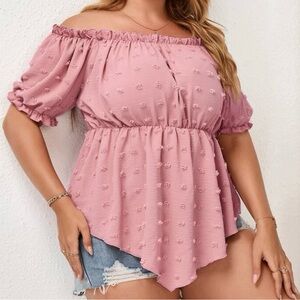 EUC Swiss Dot Off the Shoulder Asymmetrical Blouse w/ Frill Trim